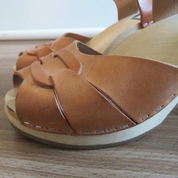 SWEDISH HASBEENS Leather Wooden Clog Staple Platform Sandals Natural 9.5-10 / 40 - Picture 4 of 15